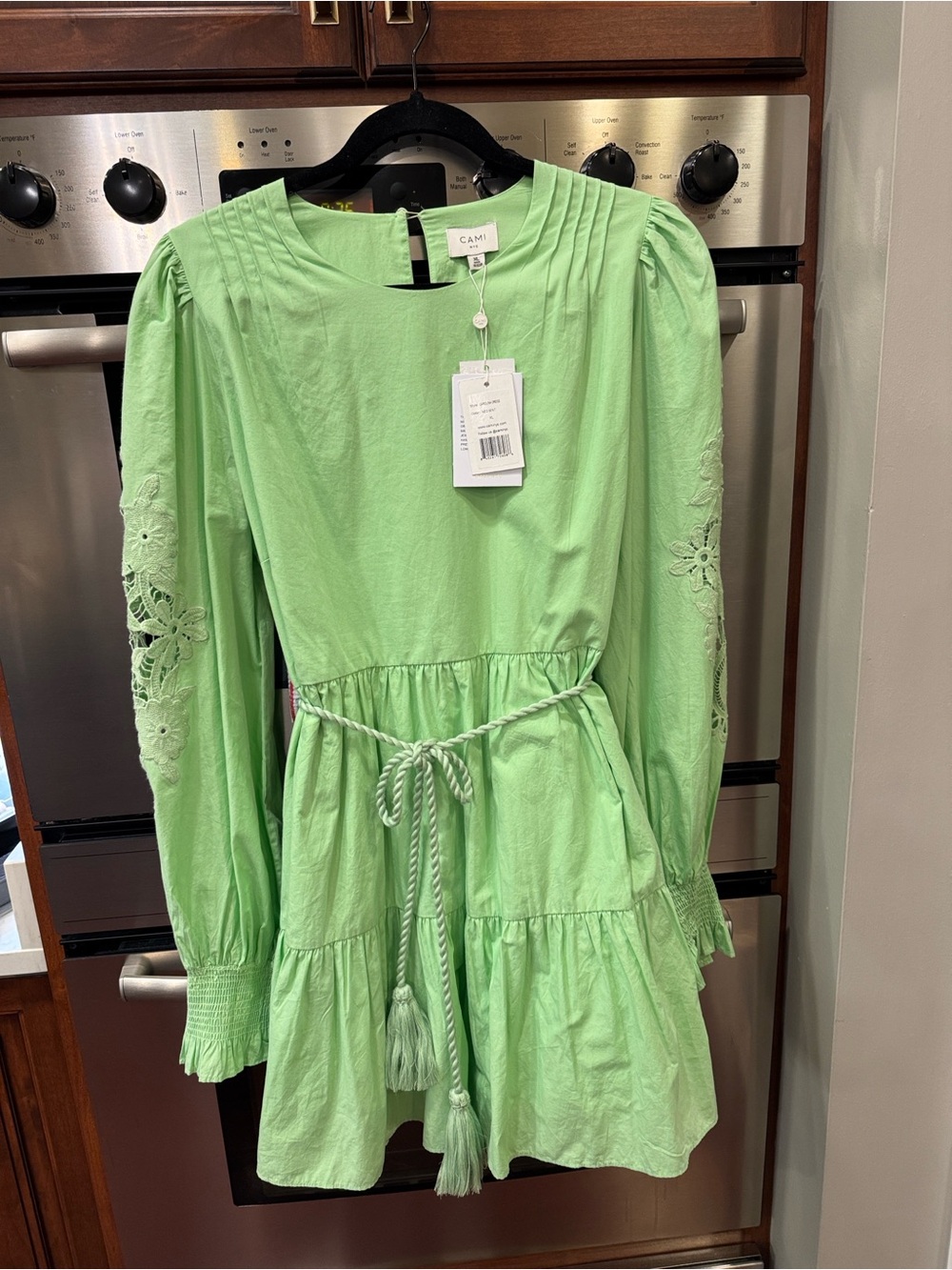 Cami NYC Light Green Eyelet Sleeve Tie-Waist Mini Dress